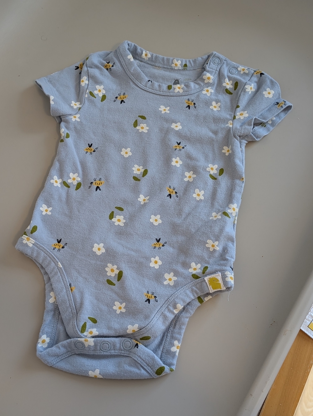 Little Earthling Light - 6M-9M - Blue Baby Onesie Flowers And Bees 100% Cotton